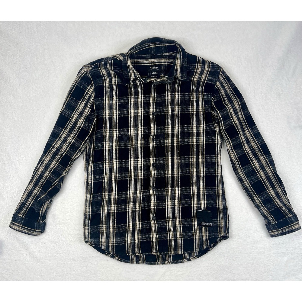 Pull&Bear Men's Flannel Shirt - Size Small - Black & White Plaid - Relaxed Fit